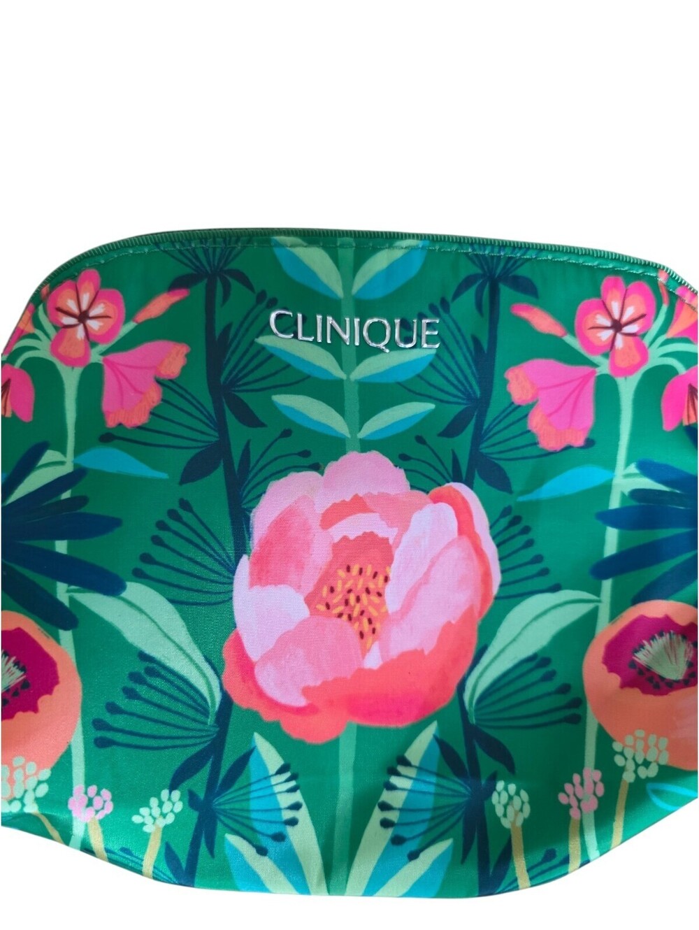 NWT Clinique Bold Floral Makeup Bag Cosmetic Case Travel Pouch Green Pink